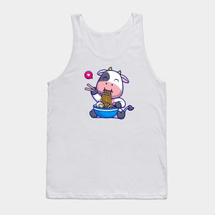 Cute Cow Eating Ramen Bowl With Chopstick Cartoon Tank Top